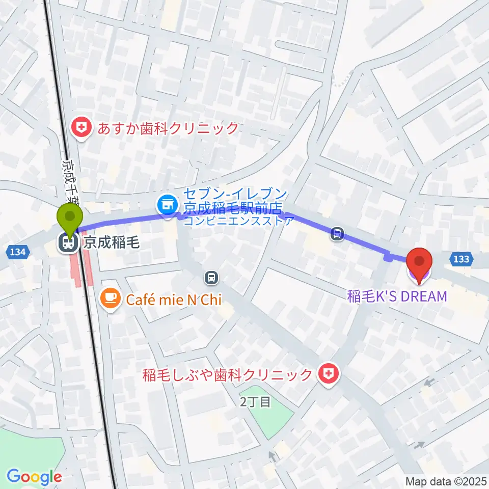 京成稲毛駅から稲毛K'S DREAMへのルートマップ地図
