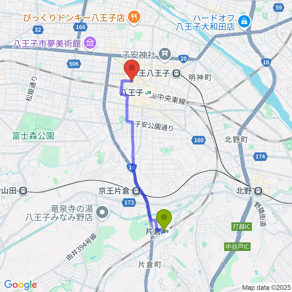 片倉駅から八王子Match Voxへのルートマップ地図