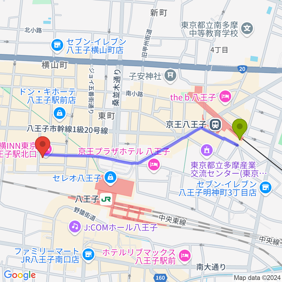 京王八王子駅から八王子Match Voxへのルートマップ地図