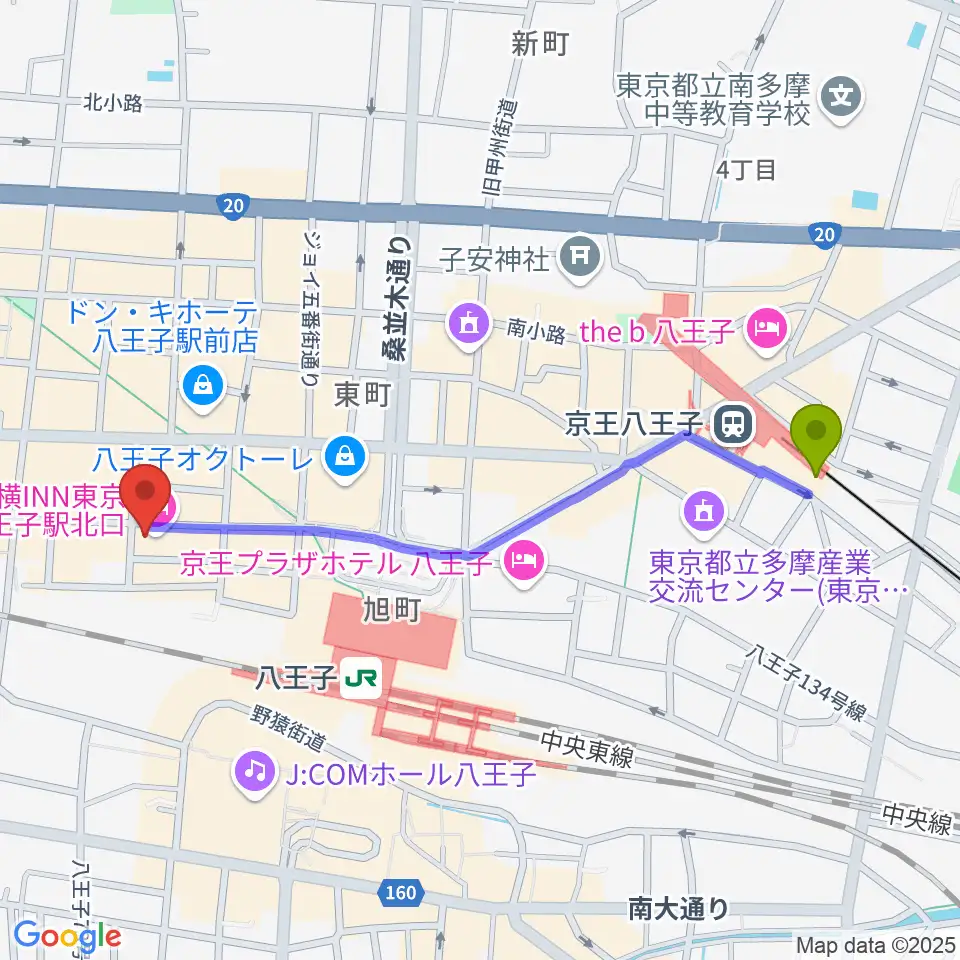 京王八王子駅から八王子Match Voxへのルートマップ地図