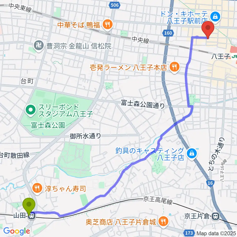 山田駅から八王子Match Voxへのルートマップ地図