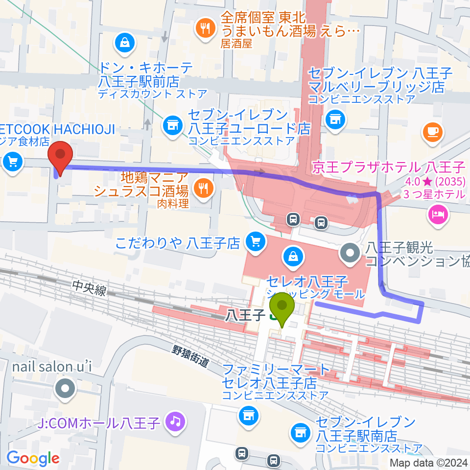 八王子RIPSの最寄駅八王子駅からの徒歩ルート（約4分）地図