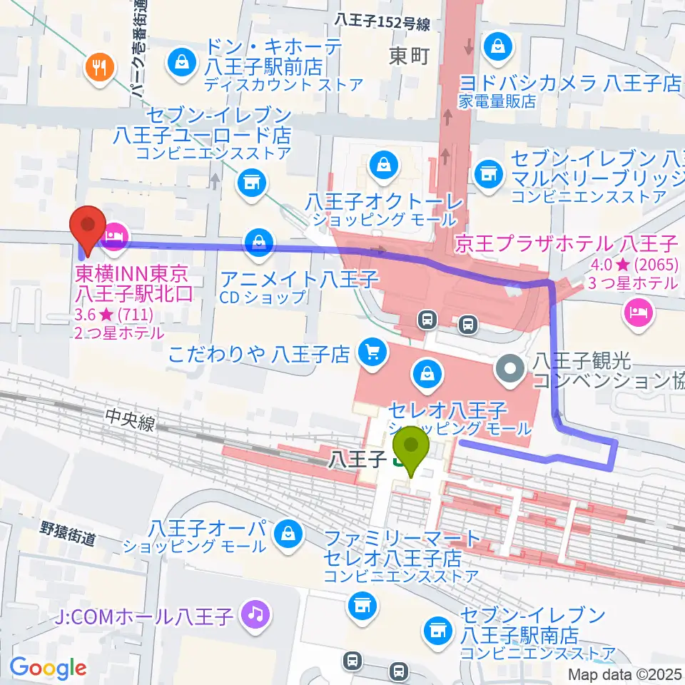 八王子RIPSの最寄駅八王子駅からの徒歩ルート（約4分）地図