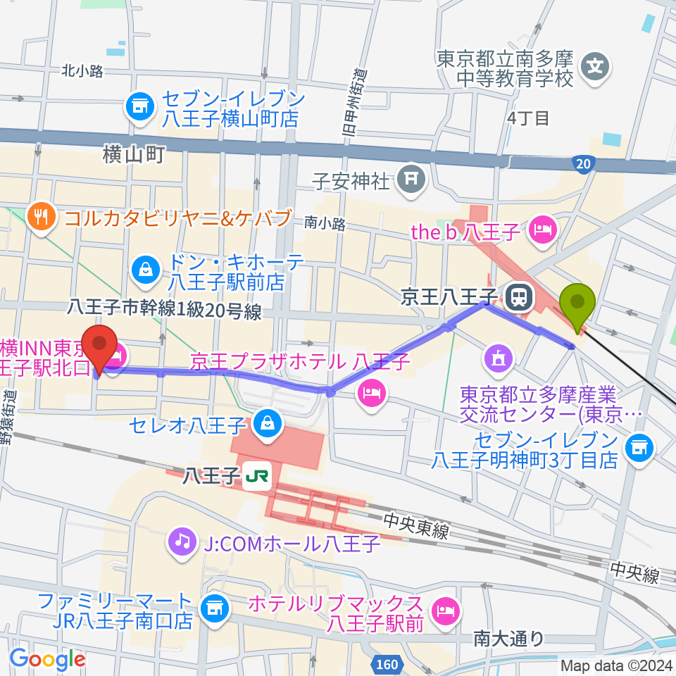 京王八王子駅から八王子RIPSへのルートマップ地図