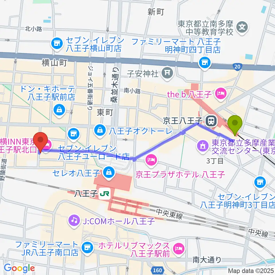 京王八王子駅から八王子RIPSへのルートマップ地図