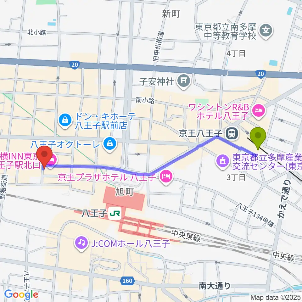 京王八王子駅から八王子RIPSへのルートマップ地図