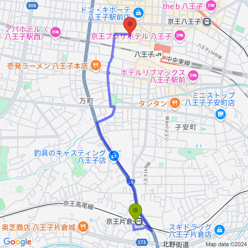 京王片倉駅から八王子RIPSへのルートマップ地図