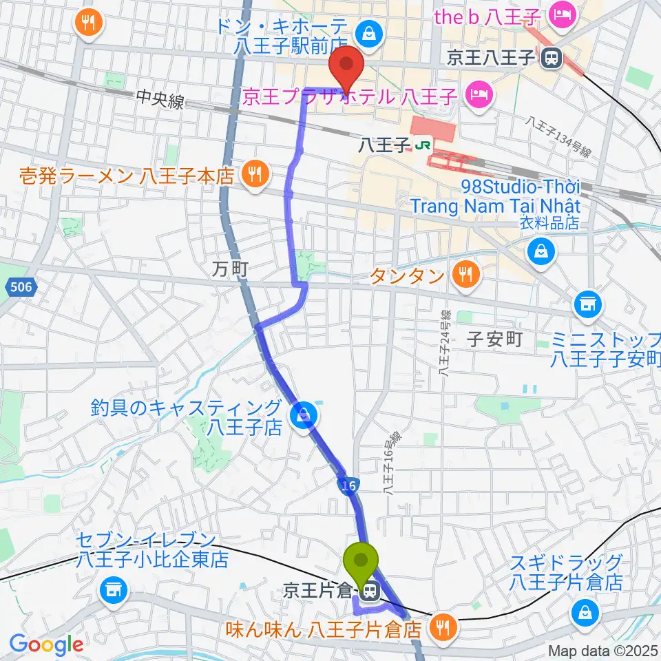 京王片倉駅から八王子RIPSへのルートマップ地図