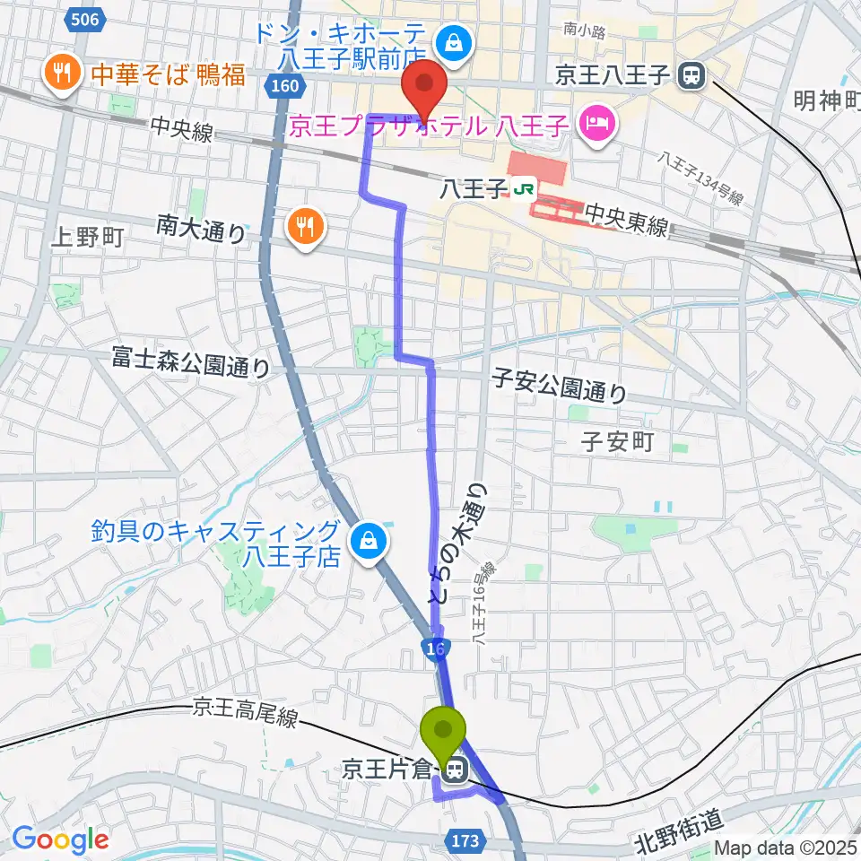 京王片倉駅から八王子RIPSへのルートマップ地図