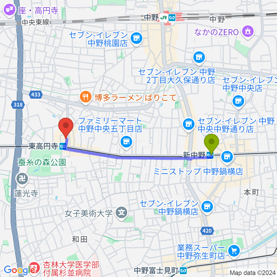 新中野駅から東高円寺二万電圧へのルートマップ地図