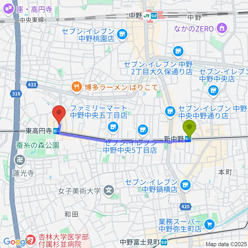 新中野駅から東高円寺二万電圧へのルートマップ地図