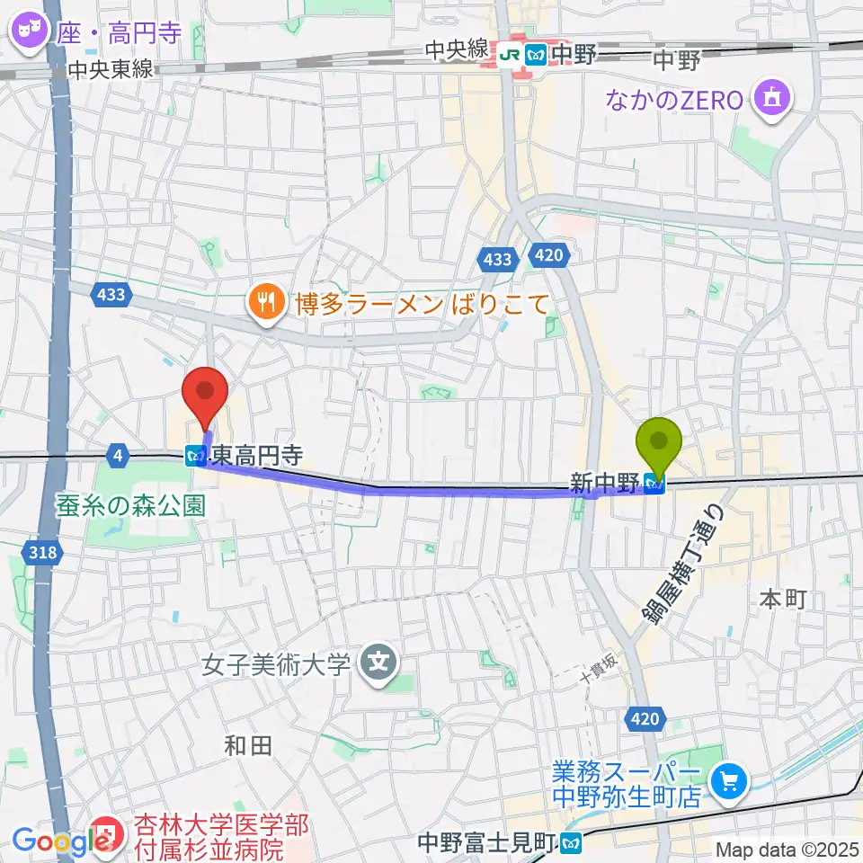 新中野駅から東高円寺二万電圧へのルートマップ地図