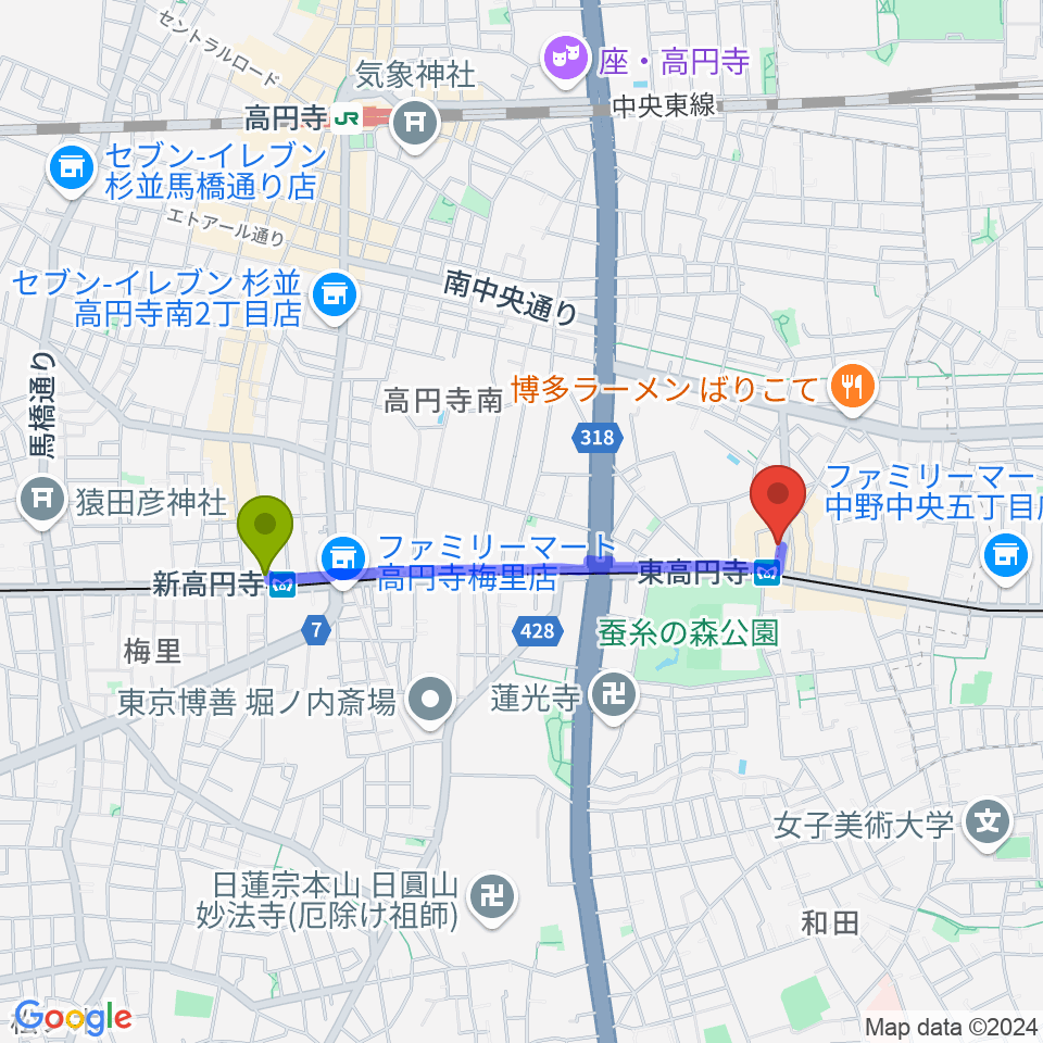 新高円寺駅から東高円寺二万電圧へのルートマップ地図