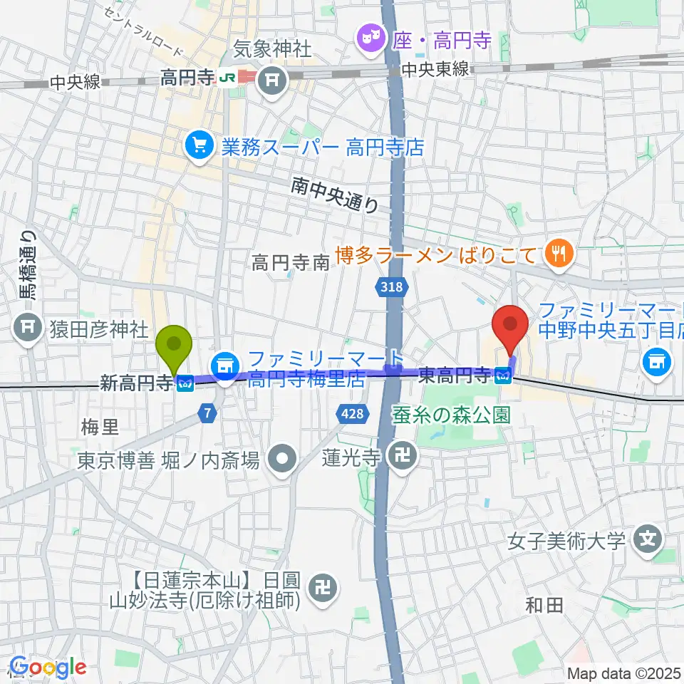 新高円寺駅から東高円寺二万電圧へのルートマップ地図