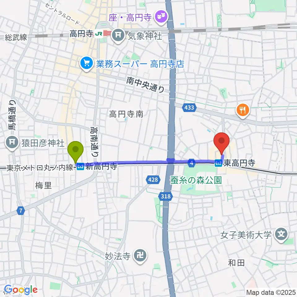 新高円寺駅から東高円寺二万電圧へのルートマップ地図