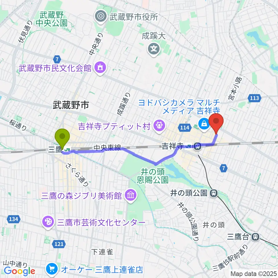 三鷹駅から吉祥寺WARPへのルートマップ地図