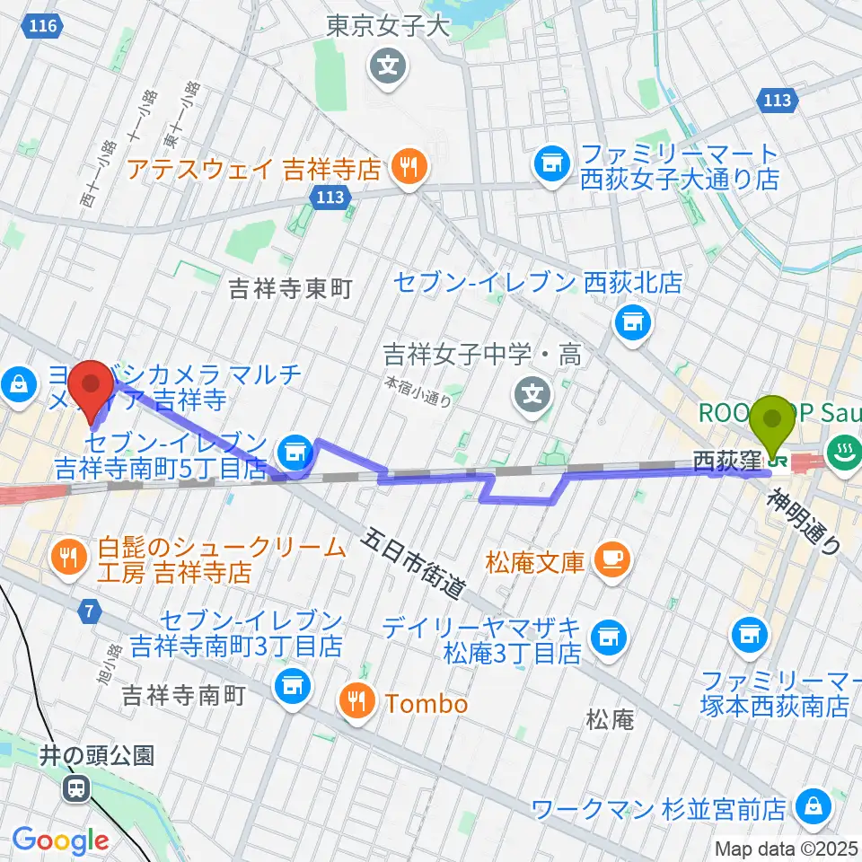 西荻窪駅から吉祥寺WARPへのルートマップ地図