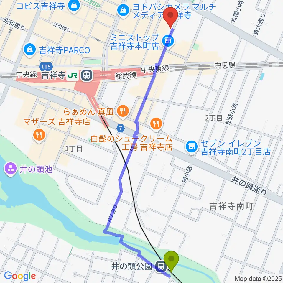 井の頭公園駅から吉祥寺WARPへのルートマップ地図