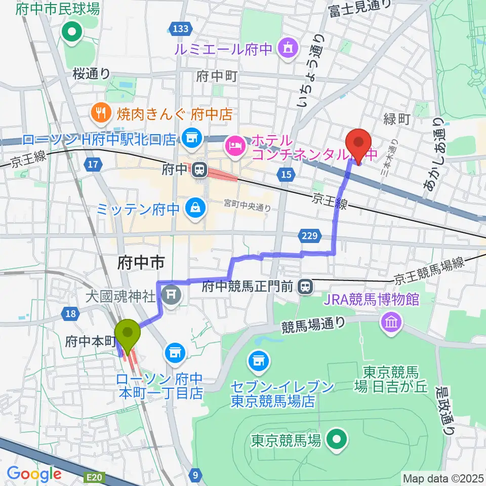 府中本町駅から府中Flightへのルートマップ地図