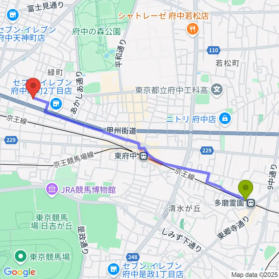 多磨霊園駅から府中Flightへのルートマップ地図