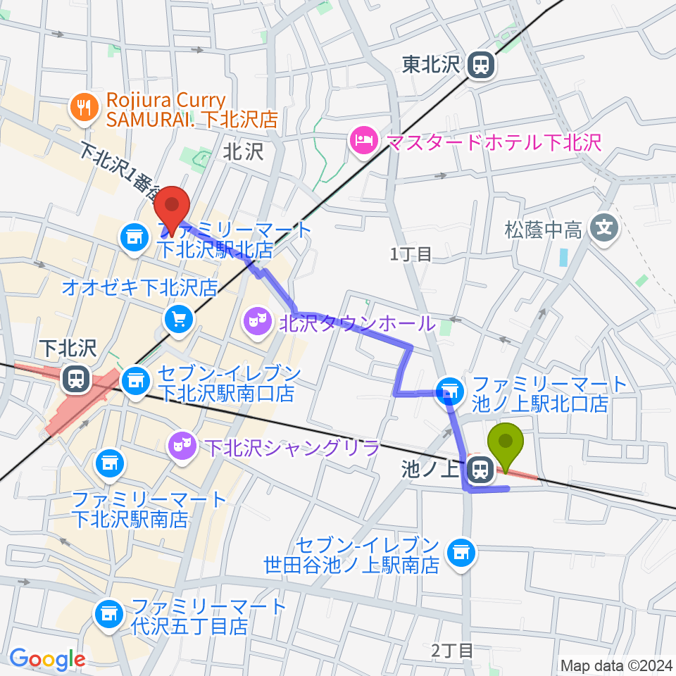 池ノ上駅から下北沢ERAへのルートマップ地図