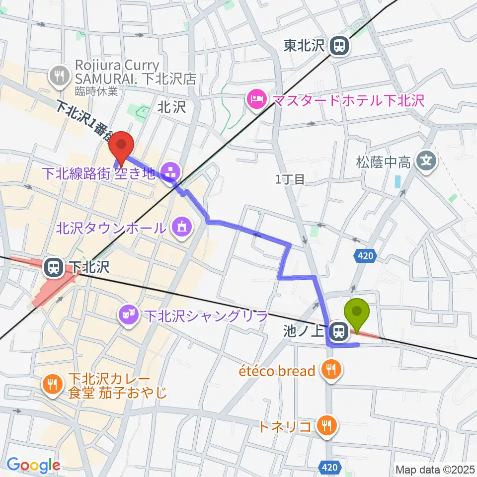 池ノ上駅から下北沢ERAへのルートマップ地図