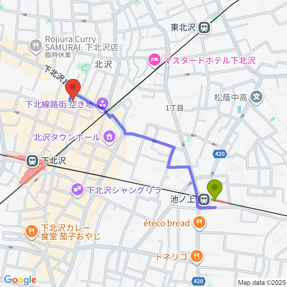池ノ上駅から下北沢ERAへのルートマップ地図