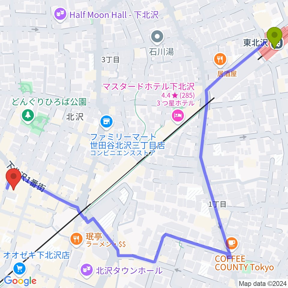 東北沢駅から下北沢ERAへのルートマップ地図