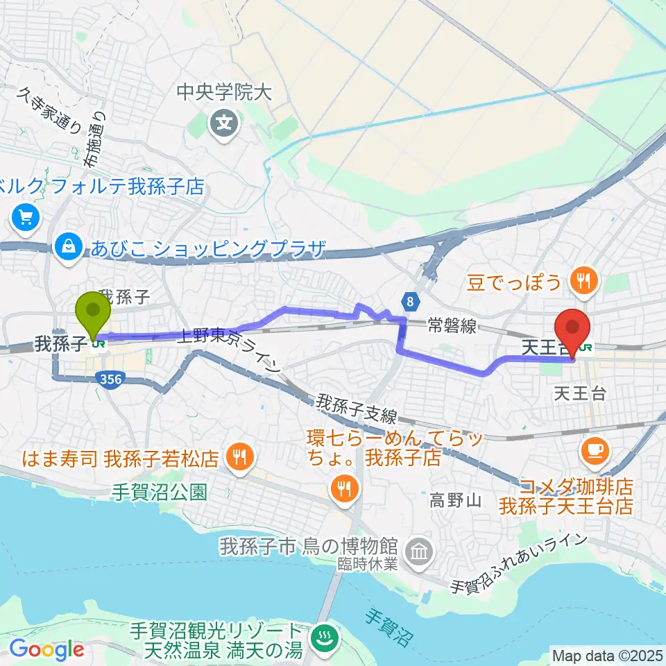 我孫子駅からオールディスプレイ・ハコへのルートマップ地図