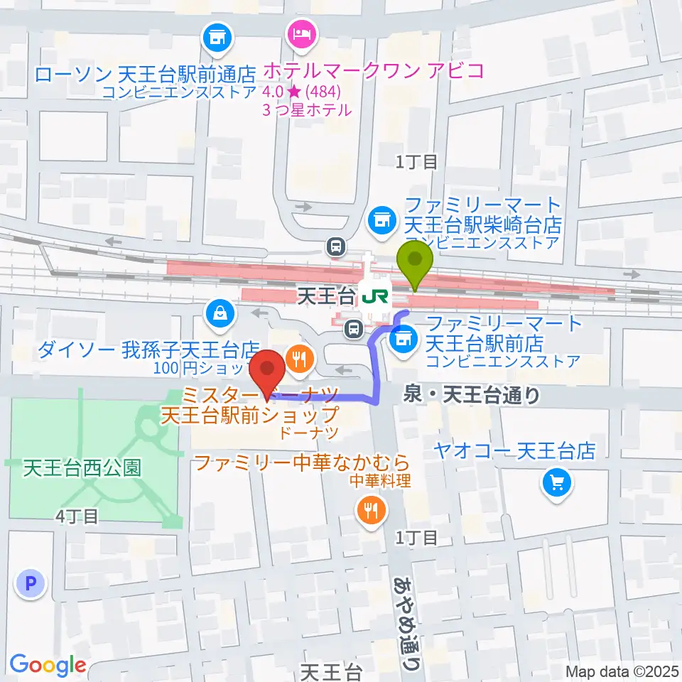 オールディスプレイ・ハコの最寄駅天王台駅からの徒歩ルート（約2分）地図