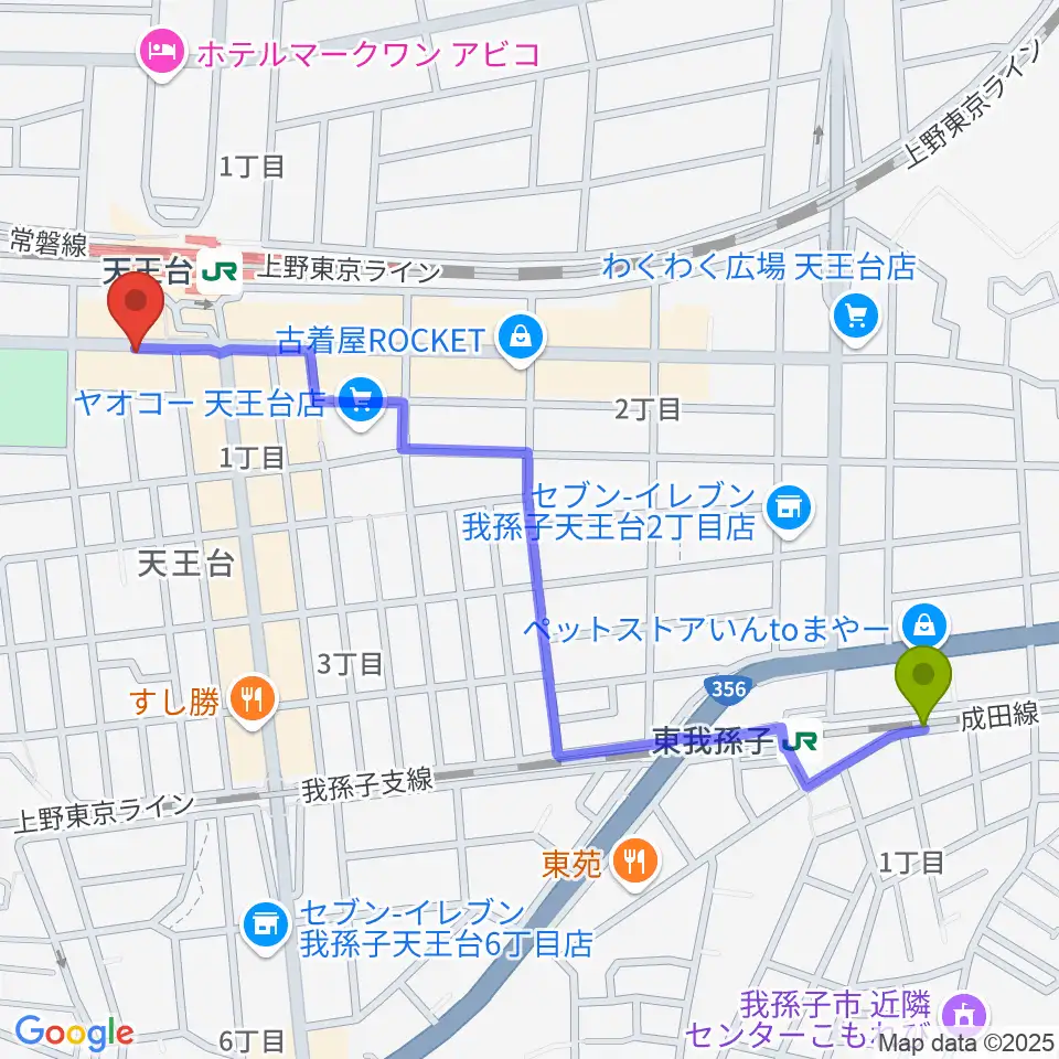 東我孫子駅からオールディスプレイ・ハコへのルートマップ地図