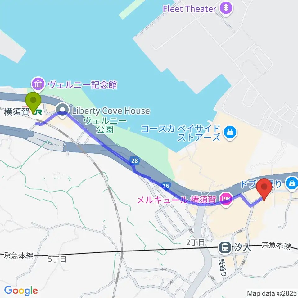 横須賀駅から横須賀かぼちゃ屋へのルートマップ地図