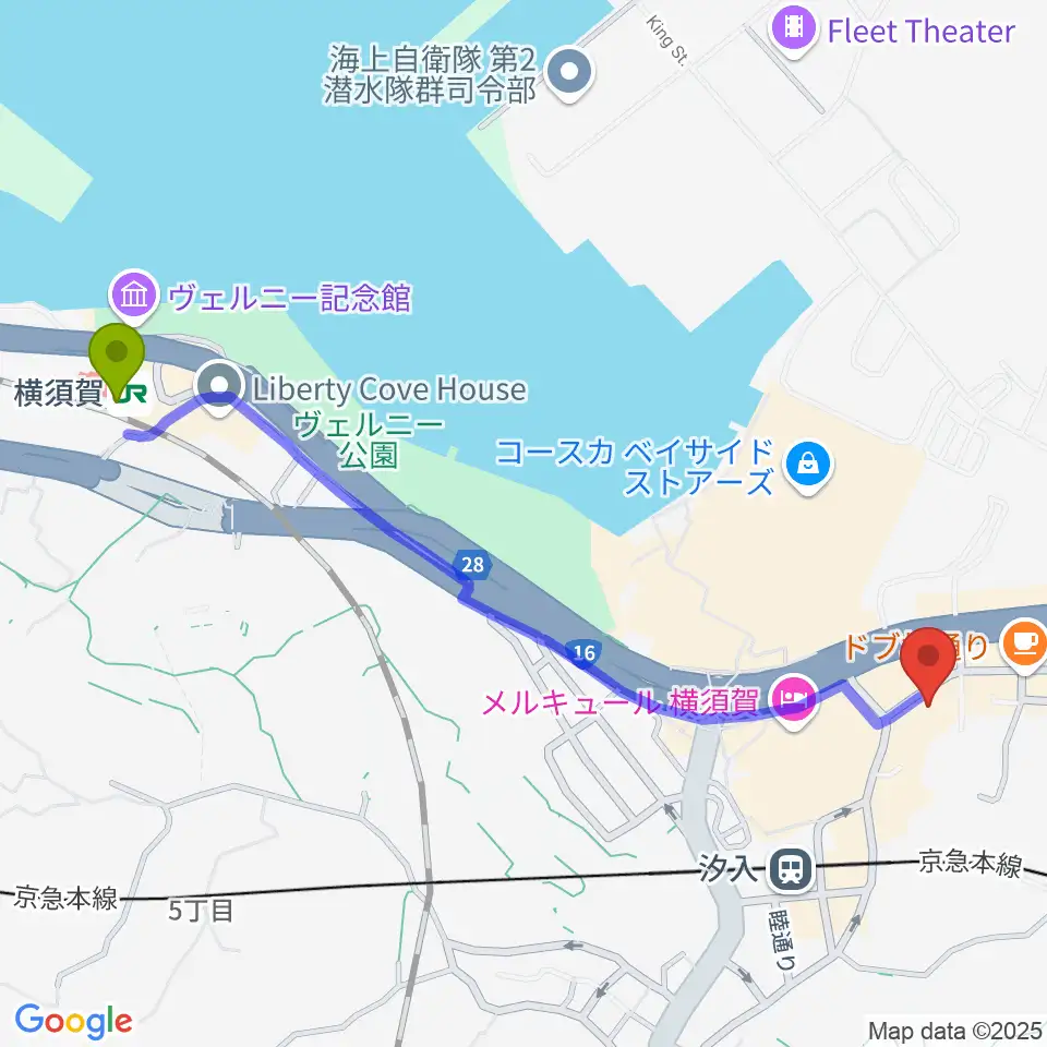 横須賀駅から横須賀かぼちゃ屋へのルートマップ地図