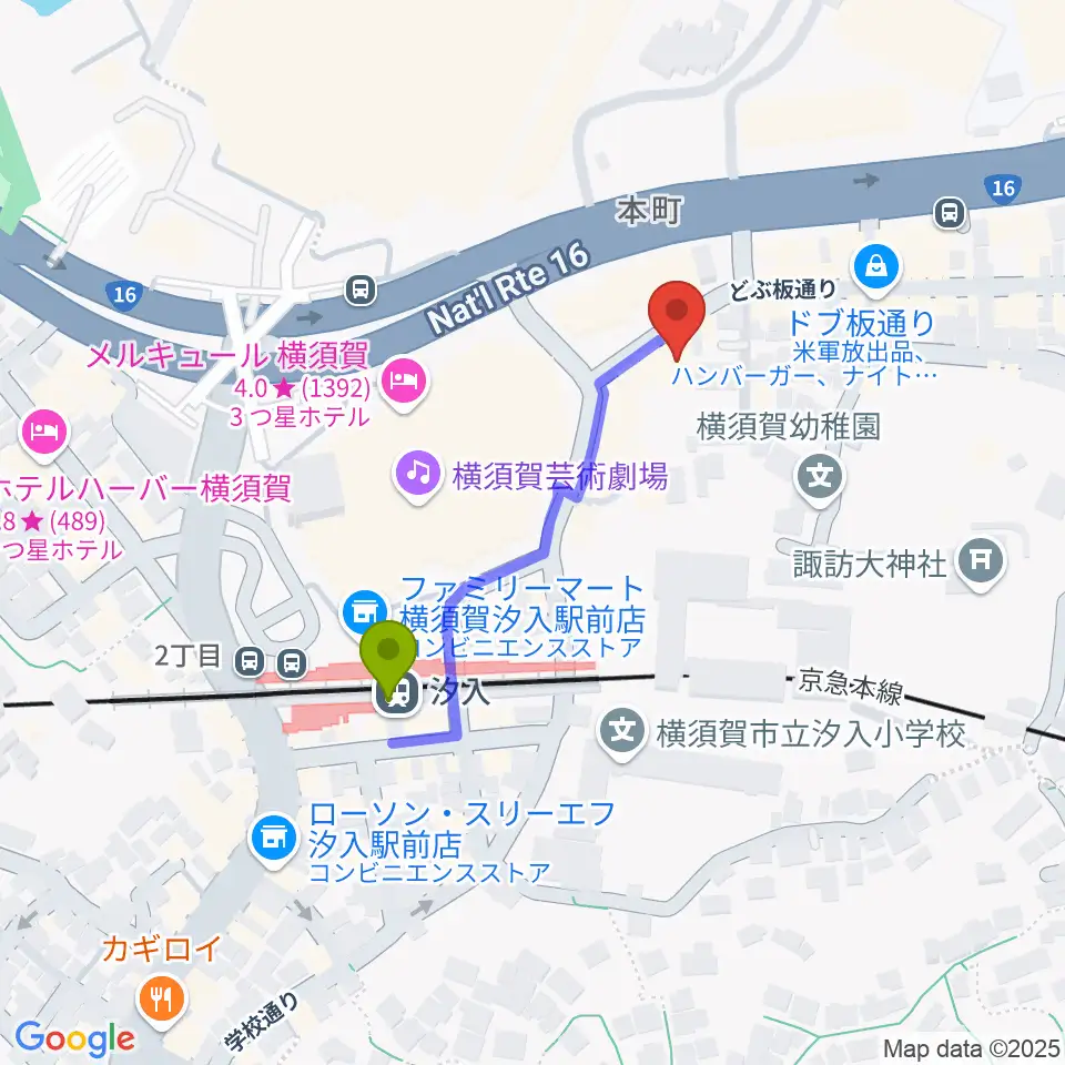 横須賀かぼちゃ屋の最寄駅汐入駅からの徒歩ルート（約3分）地図