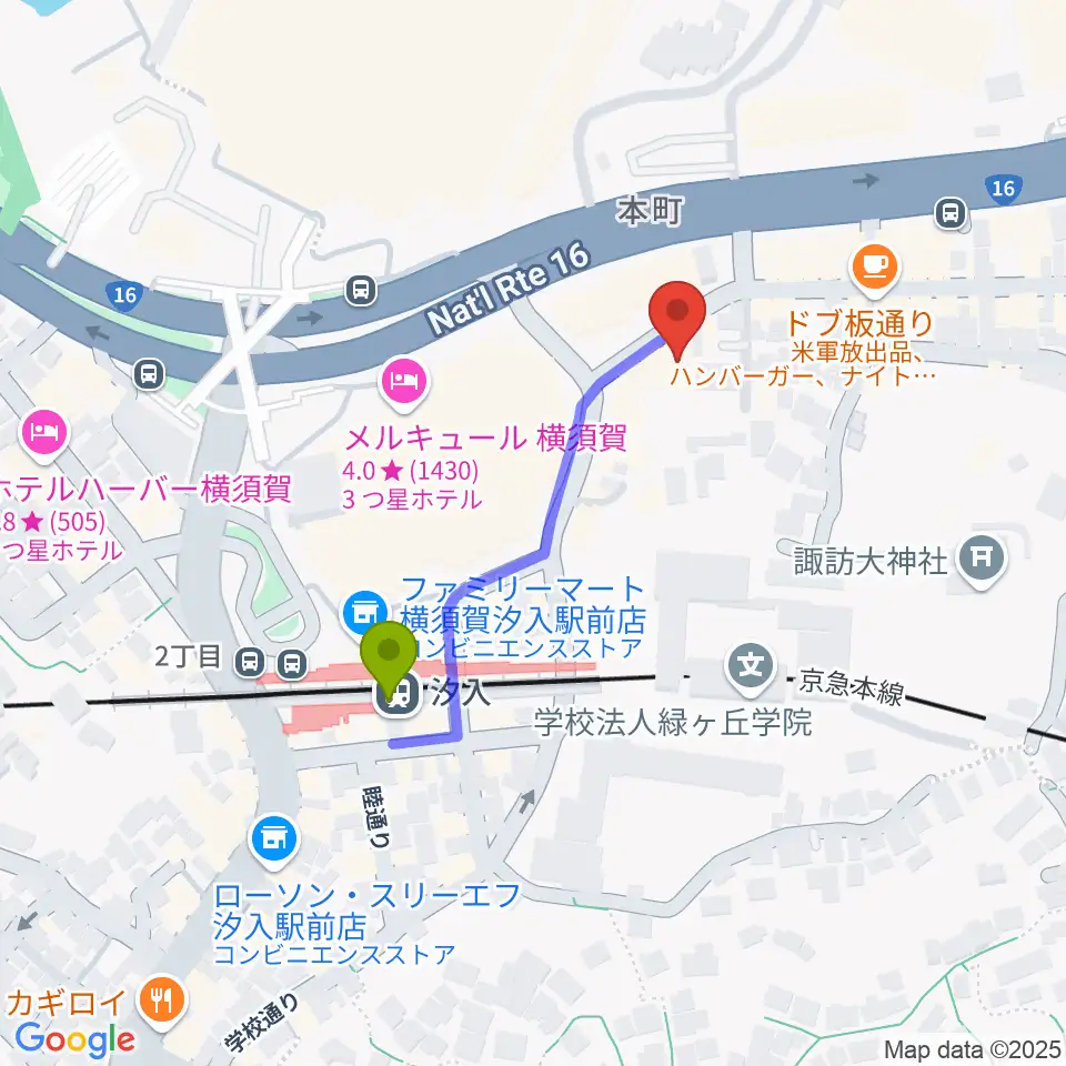 横須賀かぼちゃ屋の最寄駅汐入駅からの徒歩ルート（約3分）地図