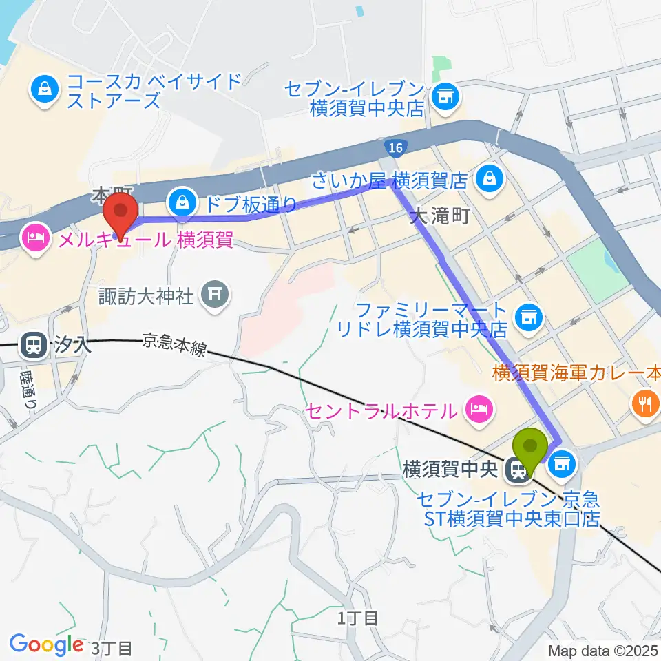 横須賀中央駅から横須賀かぼちゃ屋へのルートマップ地図