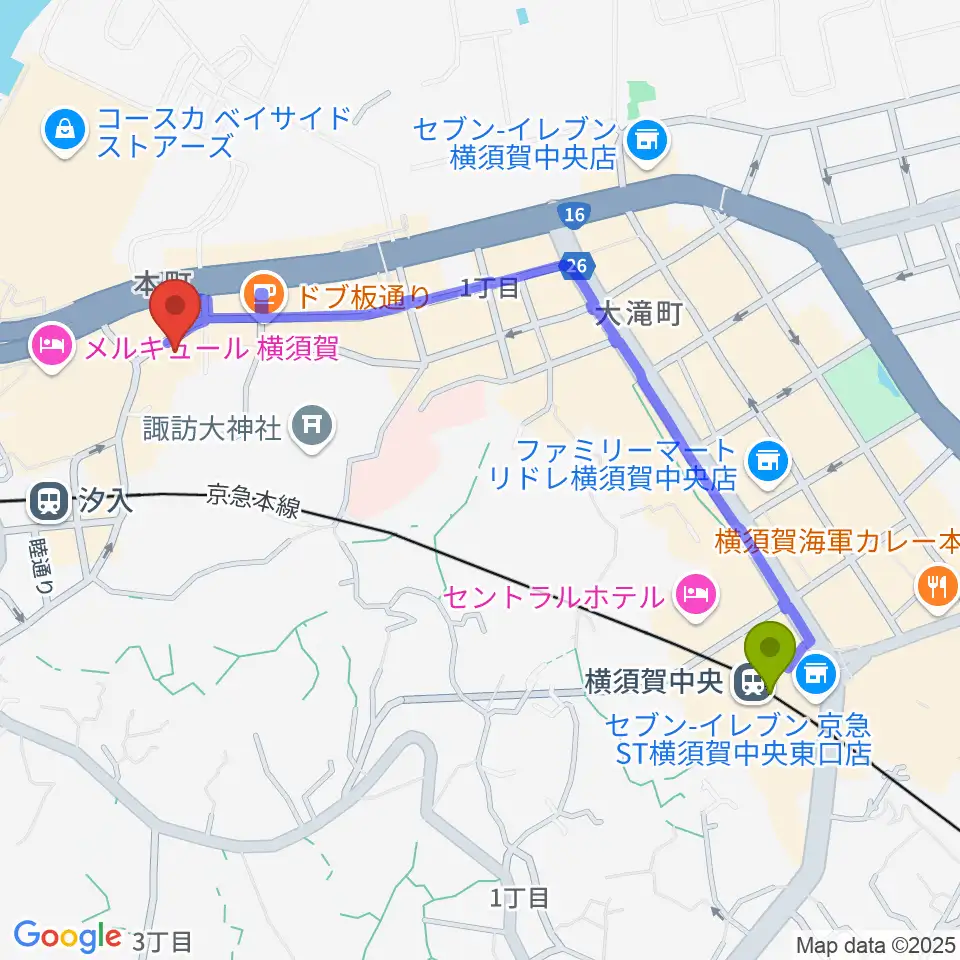 横須賀中央駅から横須賀かぼちゃ屋へのルートマップ地図
