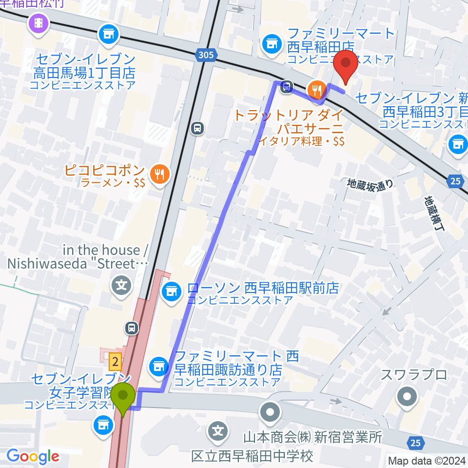 西早稲田駅から高田馬場 音楽室DXへのルートマップ地図