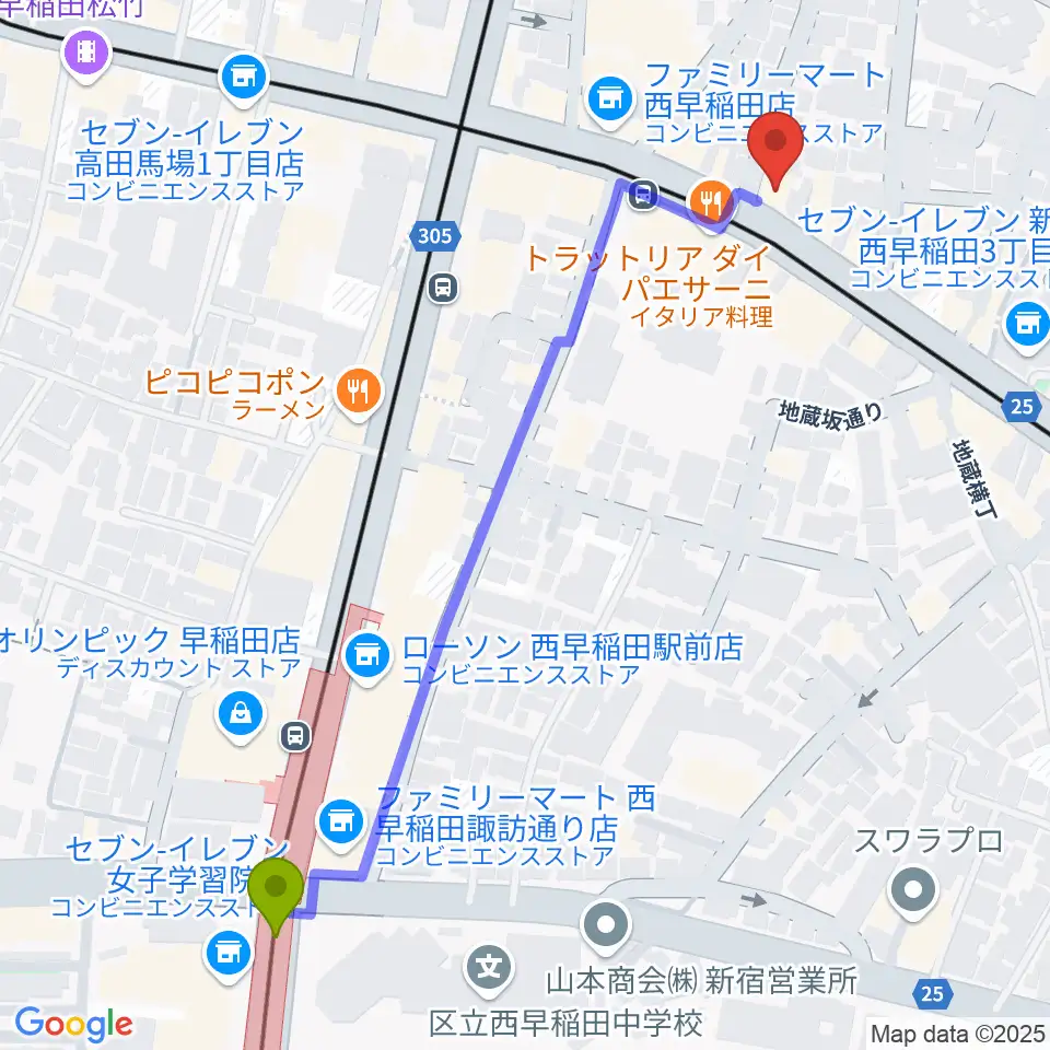 西早稲田駅から高田馬場 音楽室DXへのルートマップ地図