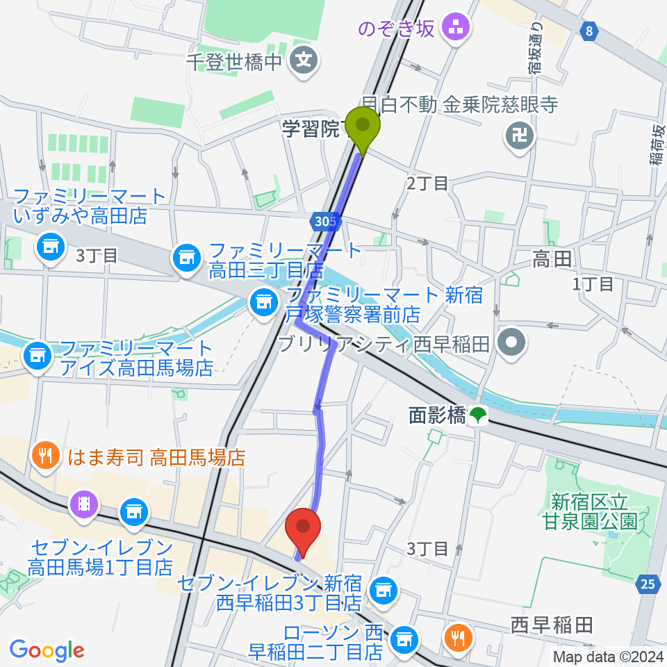 学習院下駅から高田馬場 音楽室DXへのルートマップ地図