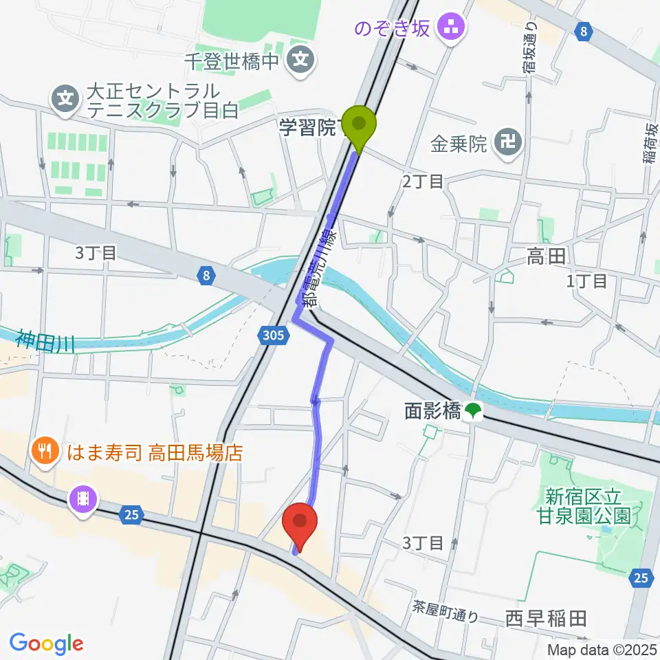 学習院下駅から高田馬場 音楽室DXへのルートマップ地図