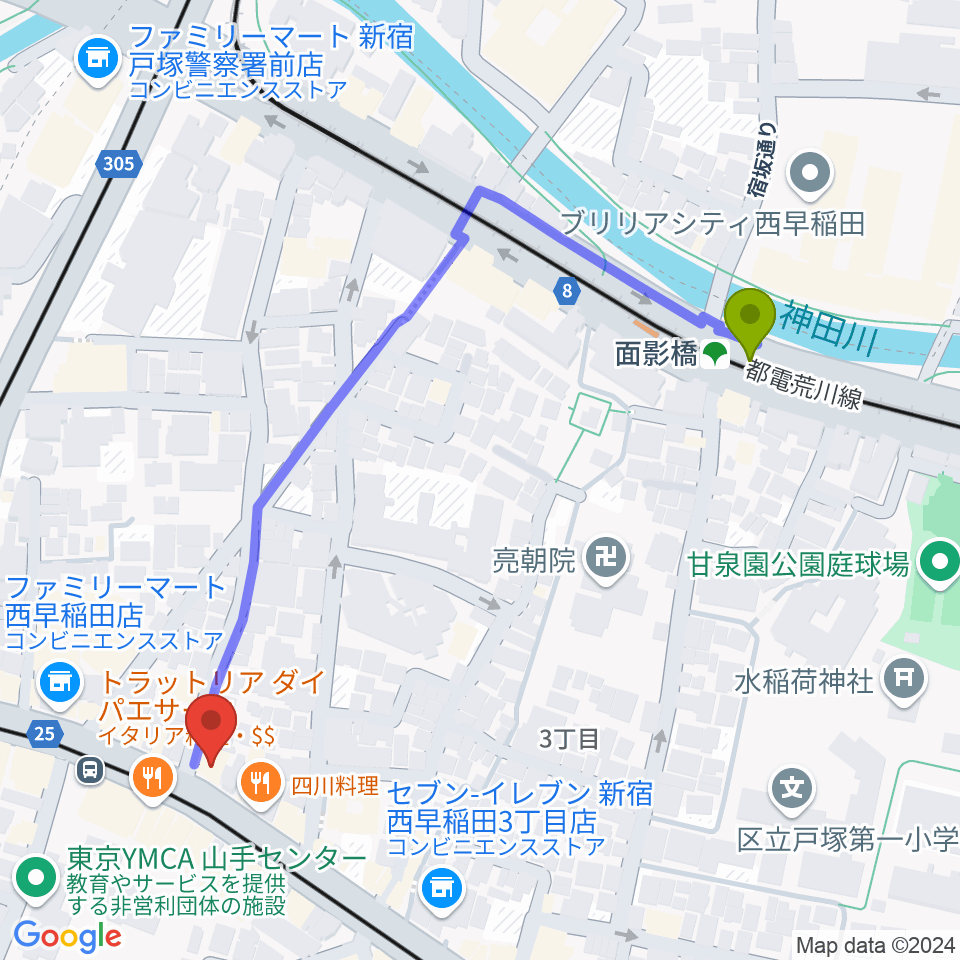 高田馬場 音楽室DXの最寄駅面影橋駅からの徒歩ルート（約5分）地図