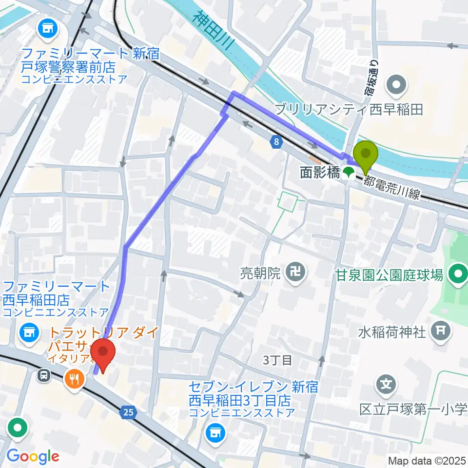 高田馬場 音楽室DXの最寄駅面影橋駅からの徒歩ルート（約5分）地図