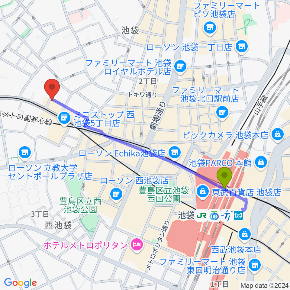 池袋駅から池袋バレルハウスへのルートマップ地図