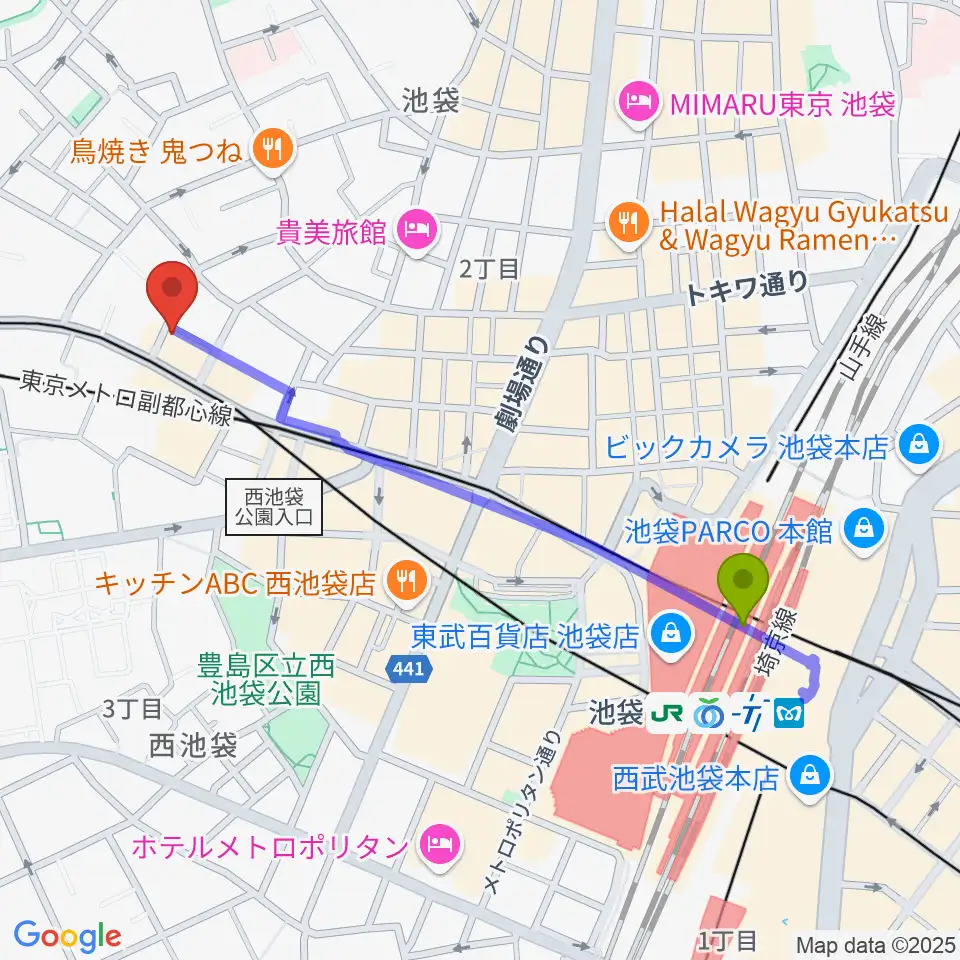 池袋駅から池袋バレルハウスへのルートマップ地図