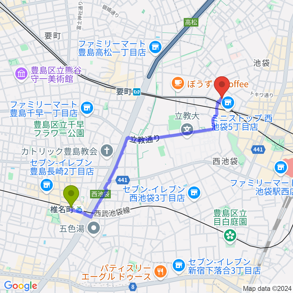 椎名町駅から池袋バレルハウスへのルートマップ地図