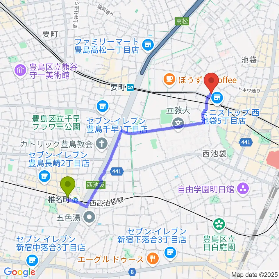 椎名町駅から池袋バレルハウスへのルートマップ地図