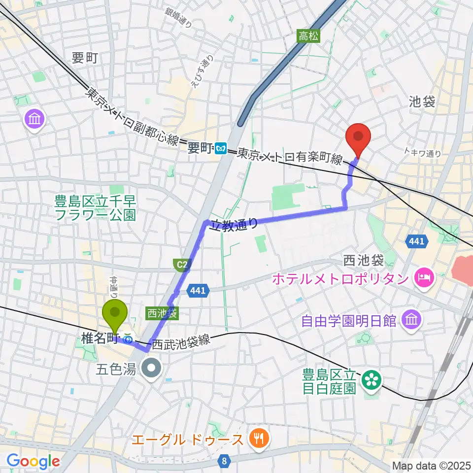 椎名町駅から池袋バレルハウスへのルートマップ地図