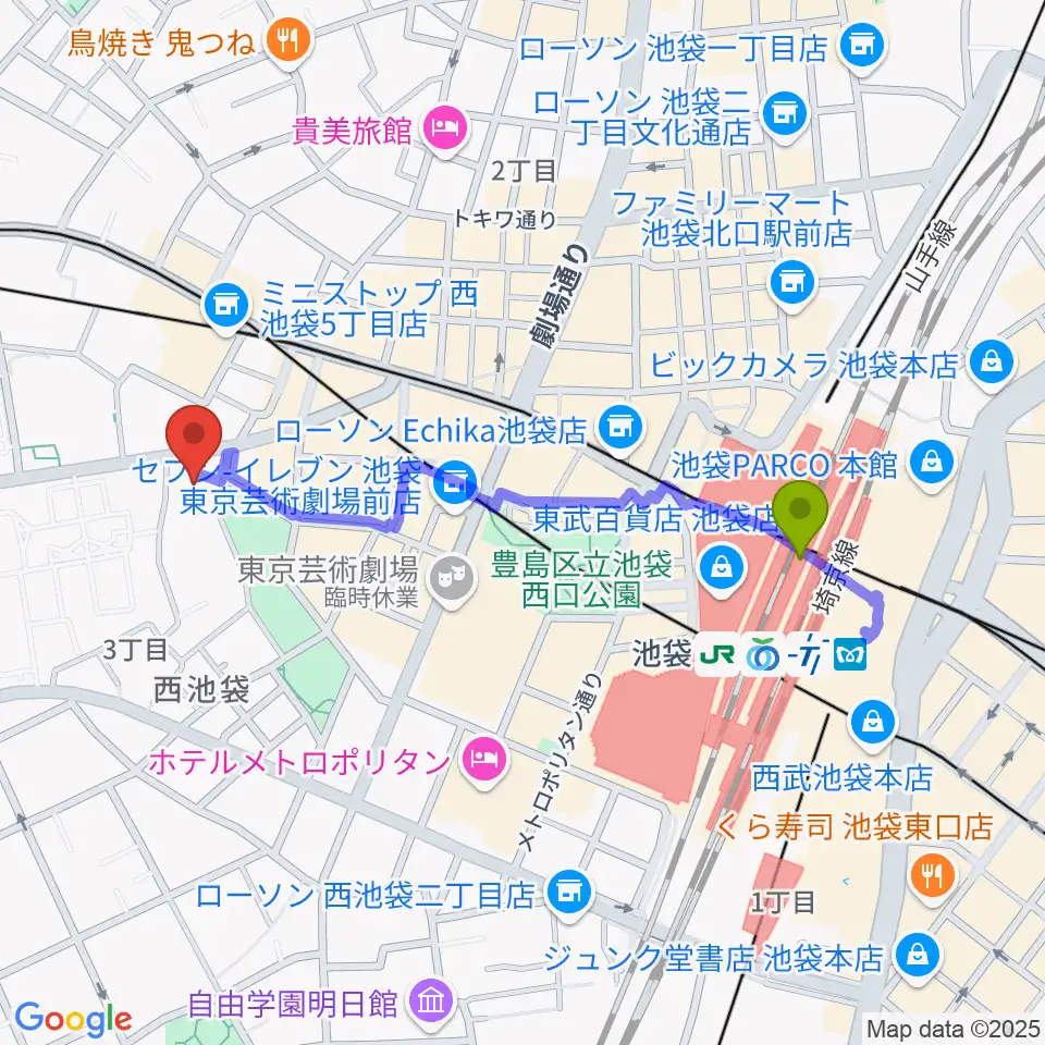 池袋アップルジャンプの最寄駅池袋駅からの徒歩ルート（約9分）地図