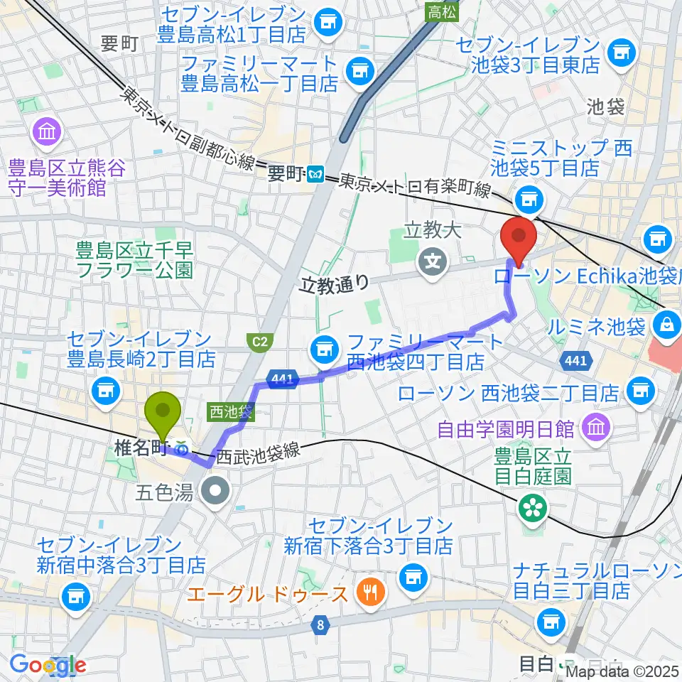 椎名町駅から池袋アップルジャンプへのルートマップ地図